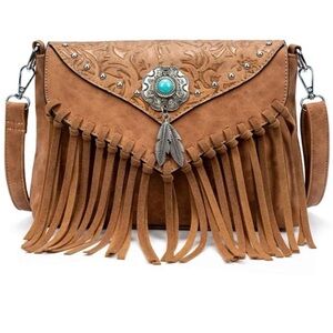 NEW Western Fringed Brown with Turquoise Crossbody Bag